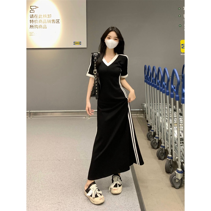 Đầm Tay Ngắn Cổ Chữ V Màu Tương Phản Thời Trang Dành Cho Nữ