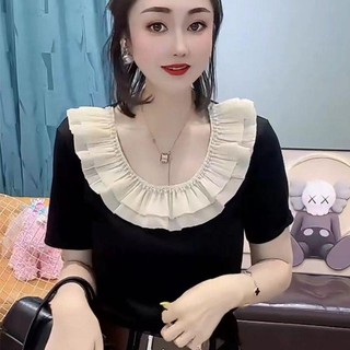 Áo Thun Mùa Hè 2023 Tay Cộc Đính Hạt Xếp Nếp Hợp Thời Trang Dễ Phối Đồ Cho Nữ