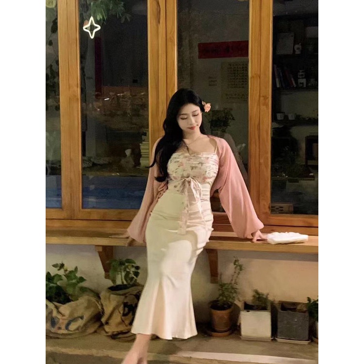 Set Đầm Hai Dây Và Áo Khoác Cardigan Họa Tiết Hoa Phong Cách Trung Quốc Thời Trang Mới 2023 7.12