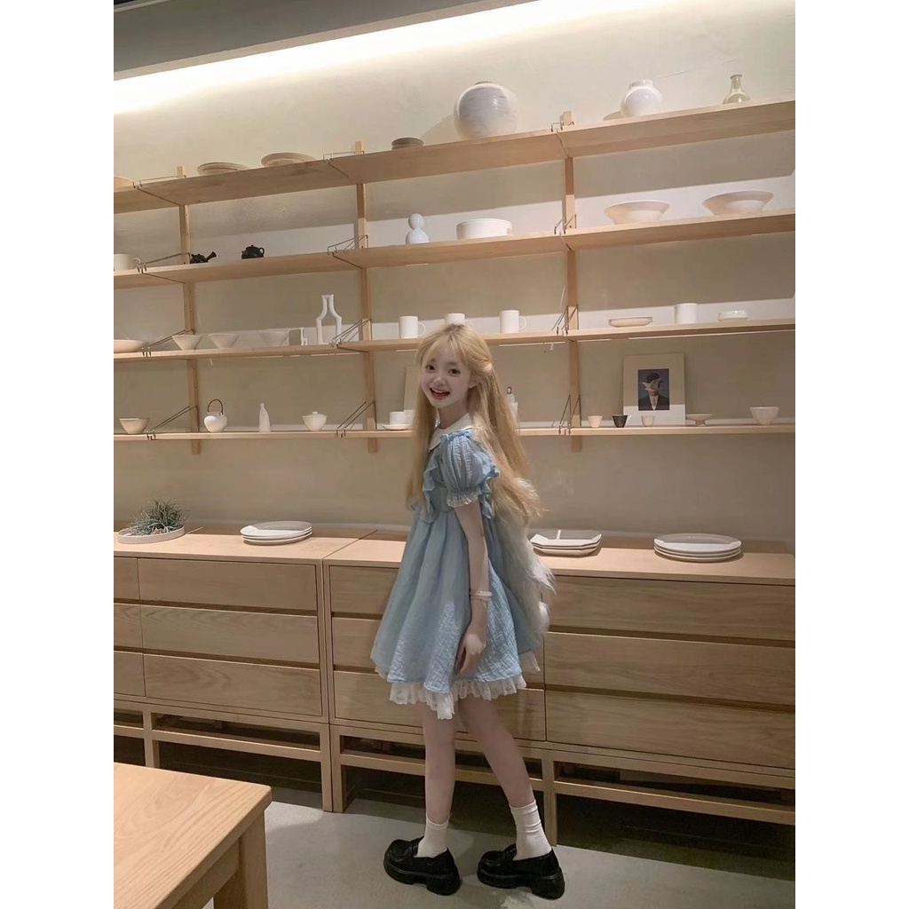 Đầm Ngủ Ngắn Tay Phồng Cổ Búp Bê Phối Ren Thời Trang Mùa Hè Cho Nữ