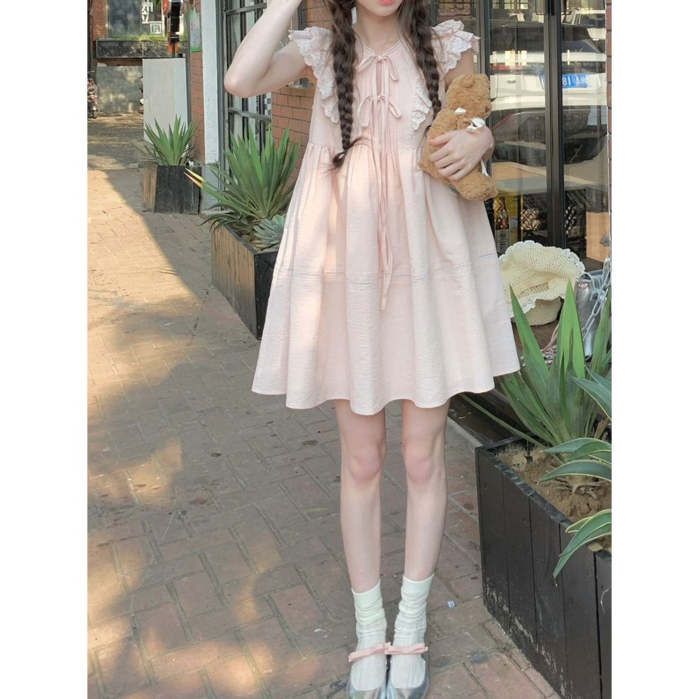 Đầm Dáng Rộng Tay Cánh Tiên Phối Ren Thời Trang Mùa Hè Xinh Xắn Cho Nữ