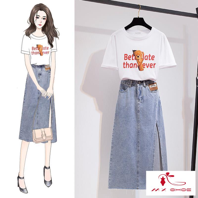 Bộ Áo Thun + Chân Váy Denim Dài Thời Trang Mùa Hè 2023 Phong Cách Hàn Quốc Cho Nữ