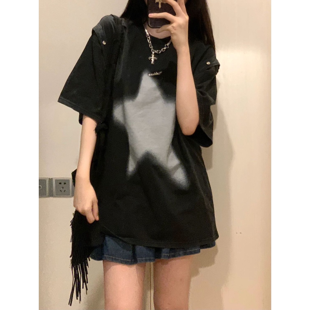 Ready stock 100% cotton t-shirt nữ phong cách mỹ đường phố hip hop hiphop nút có thể tháo rời tay áo rời trên cùng lf8.15