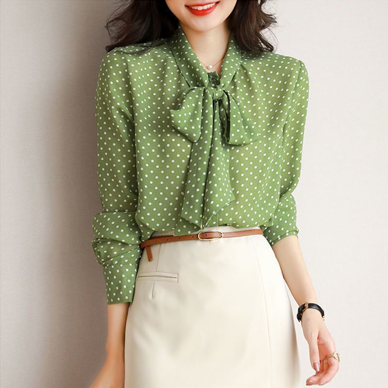 Áo Sơ Mi Tay Dài Họa Tiết Chấm Bi Màu Xanh Lá Thời Trang Xuân Thu 2023 Mới Cho Nữ