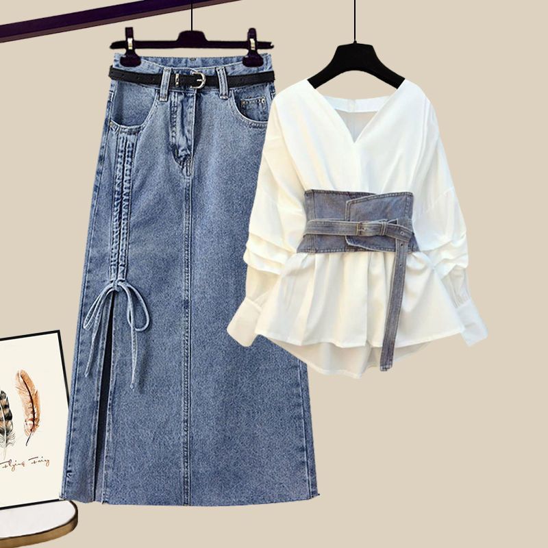 Set Áo Sơ Mi Và Chân Váy Denim Thời Trang Mùa Xuân 2023 Mới Cho Nữ