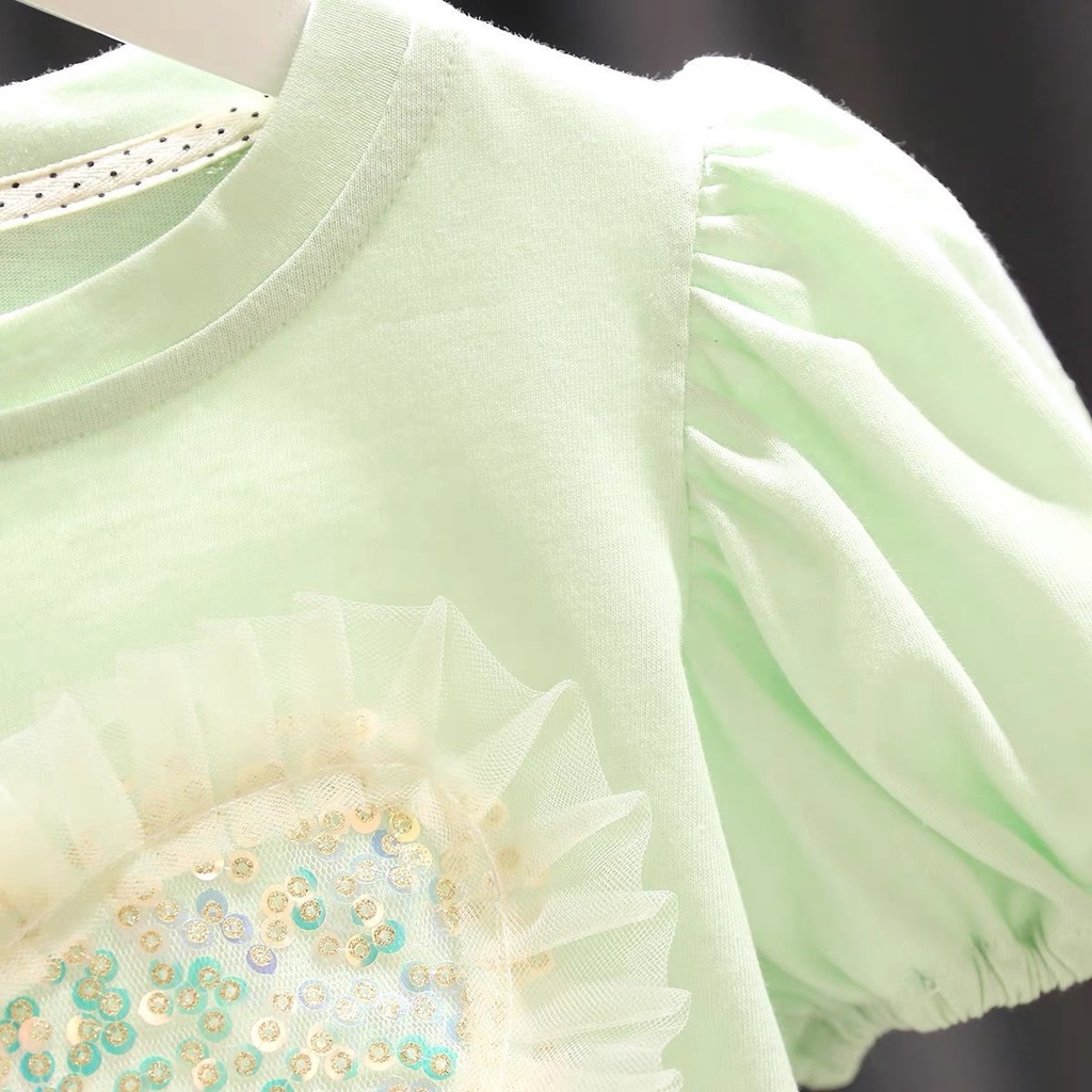 Hàng Có Sẵn ~  Áo Thun Tay Ngắn Bong Bóng Đính Kim Sa Trái Tim Phong Cách Mới Mùa Hè Cho Bé Gái