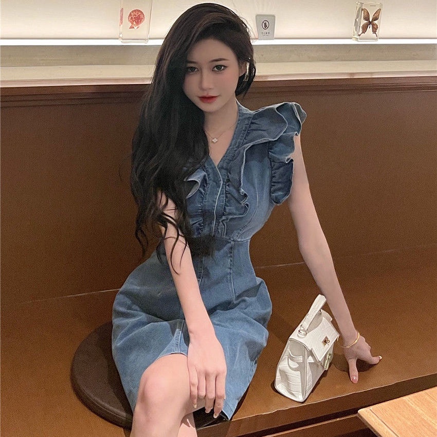 Đầm Denim Sát Nách Cổ Chữ v Dáng Ôm Phong Cách Hàn Quốc Thời Trang Cho Nữ
