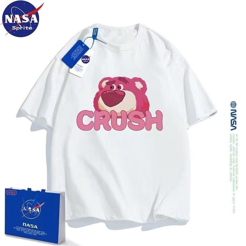 NASA Áo Thun Cotton Ngắn Tay Dáng Rộng In Hình Gấu / Dâu Tây Màu Trơn Dễ Thương Thời Trang Mùa Hè Cho Cặp Đôi