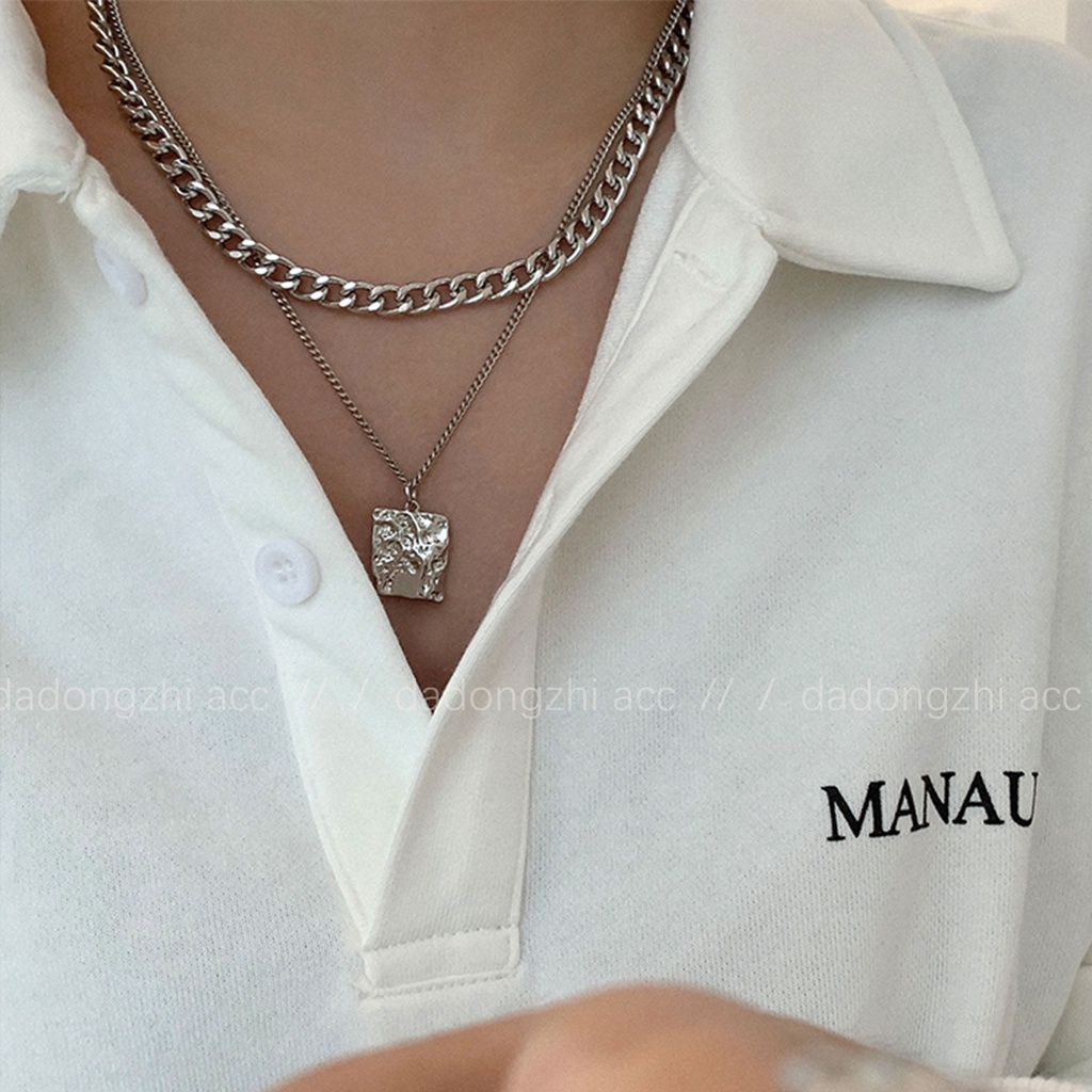 Dây Chuyền Hai Lớp Mặt Vuông Phong Cách Hip Hop Cao Cấp Sang Trọng