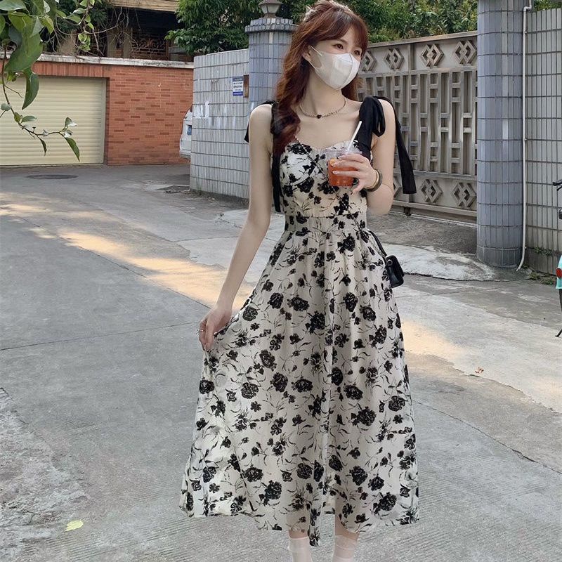 Đầm Hoa Hai Dây Cột Dây Nhấn Eo Cao Phong Cách Pháp Cổ Điển Độc Đáo Thời Trang Cho Nữ