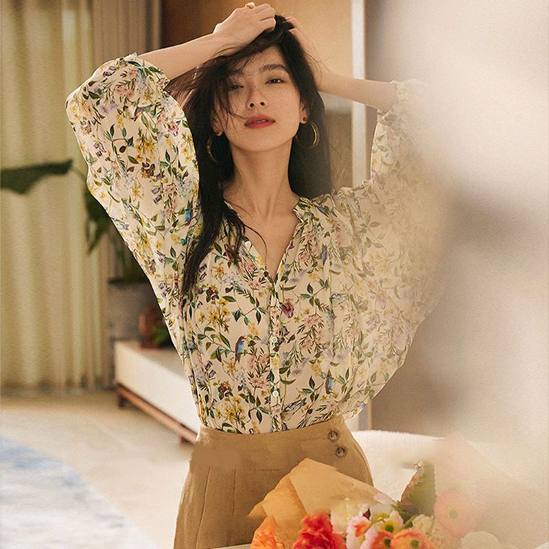 Áo Sơ Mi Voan Tay Lửng Họa Tiết Hoa Phong Cách Pháp Thời Trang Mùa Thu Cho Nữ 4.8