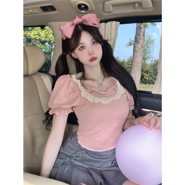 COZOK Áo Thun Tay Ngắn Cổ Vuông Phối Ren Thời Trang