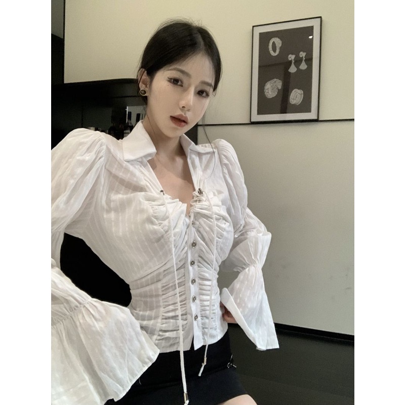 Áo Sơ Mi Trắng Tay Dài Cổ Bẻ Xếp Ly Cột Dây Thời Trang Mùa Xuân 2023 Phong Cách Mới Cho Nữ