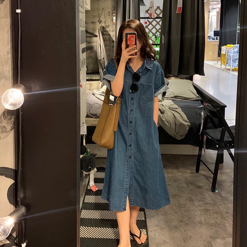 Đầm Denim Dài Qua Gối Tay Ngắn Thời Trang Mùa Hè 2023 Phong Cách retro Mới