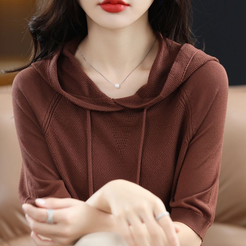 Áo Thun Tay Lửng Có Mũ Trùm Đầu Bằng Lụa Lạnh Màu Trơn Thời Trang Mới N539 Dành Cho Bạn Nữ