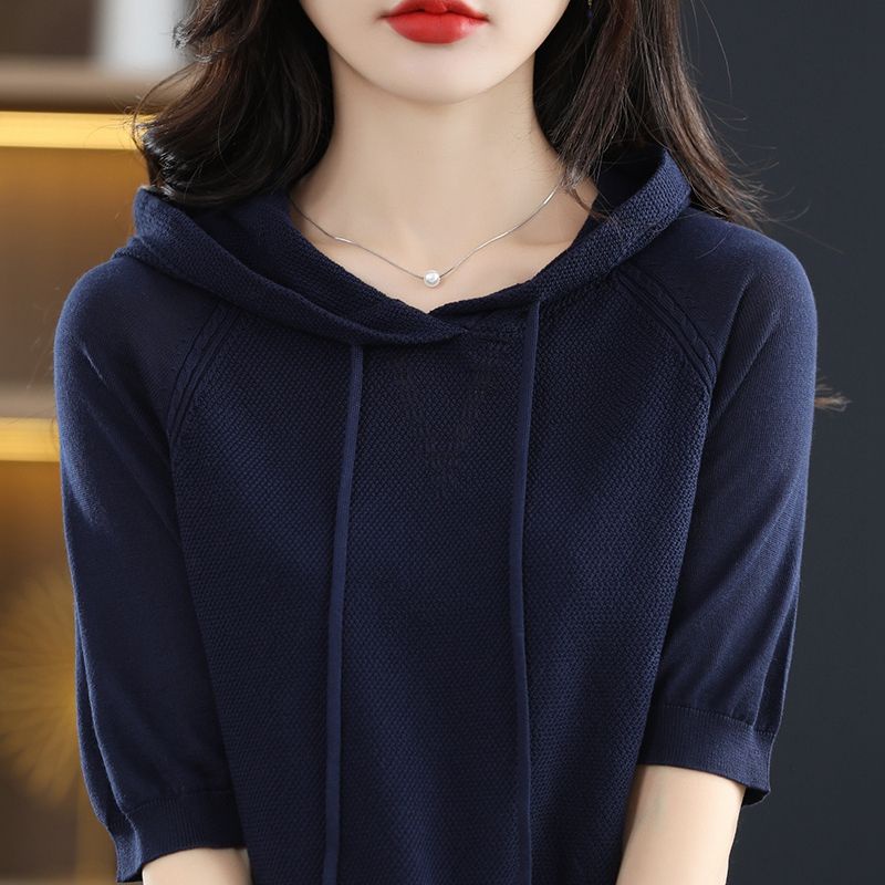 Áo Thun Tay Lửng Có Mũ Trùm Đầu Bằng Lụa Lạnh Màu Trơn Thời Trang Mới N539 Dành Cho Bạn Nữ