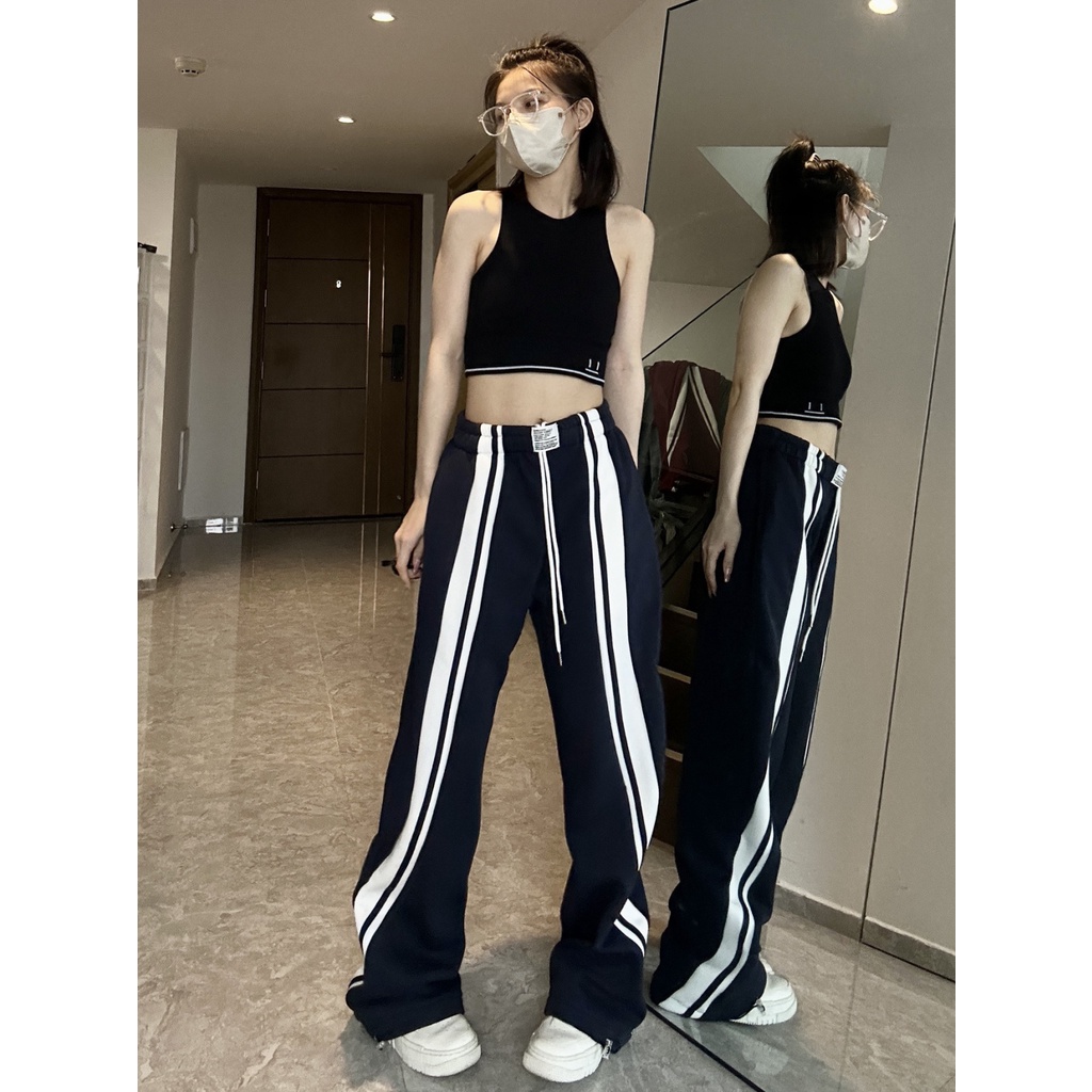Quần Dài Ống Rộng Họa Tiết Kẻ Sọc Phong Cách Hip Hop Mới Cho Nữ