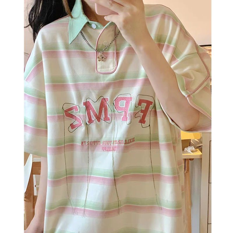 Áo polo Tay Ngắn Dáng Rộng Họa Tiết Kẻ Sọc Thời Trang Mùa Hè Mới Cho Nữ