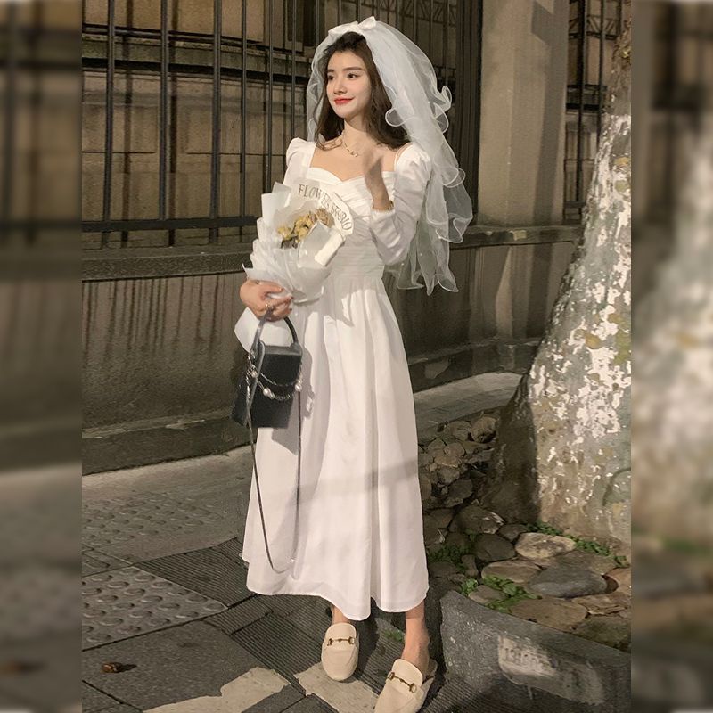 Đầm Trắng Dài Tay Lãng Mạn Thời Trang Mùa Thu Pháp Mới Cho Nữ