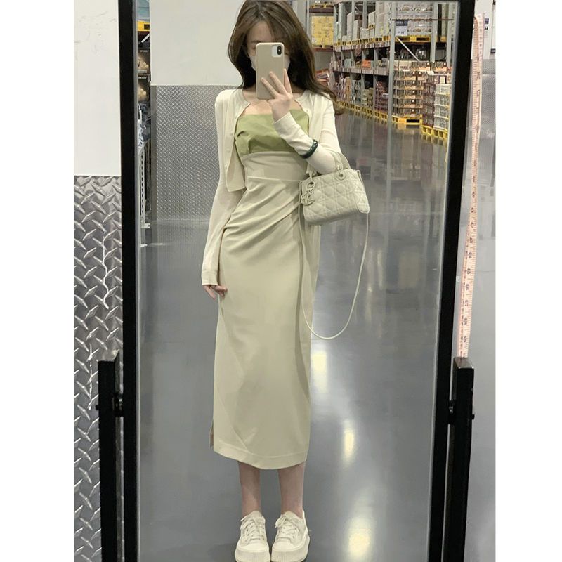 Đầm Cardigan Ngắn Tay Dài Hai Dây Xếp Ly Màu Sắc Thời Trang Mùa Xuân 2023 Dành Cho Bạn Nữ