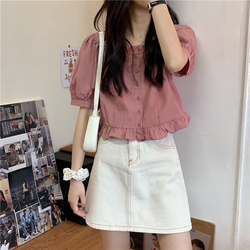 Áo Sơ Mi Ngắn Tay Cổ Vuông Phong Cách Pháp Thời Trang Mùa Hè Ngọt Ngào Cho Nữ