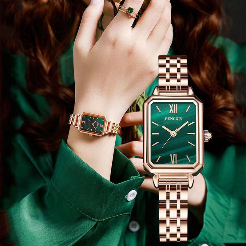 Đồng Hồ Đeo Tay Tự Động Mặt Vuông Nhỏ Màu Xanh Lá Chống Thấm Nước Phiên Bản Hàn Quốc Mới 2021 niche ins styl