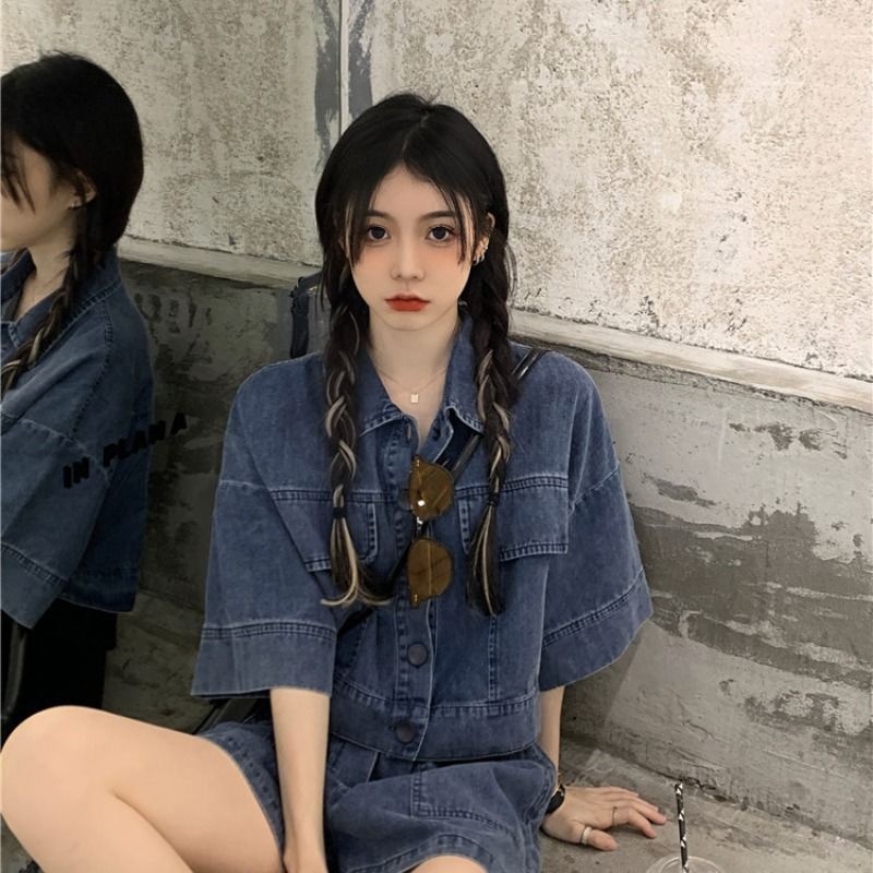 Bộ Áo Khoác Denim + Quần Short Ôm Dáng Phong Cách Retro Phương Tây Thời Trang Cho Nữ 4.24