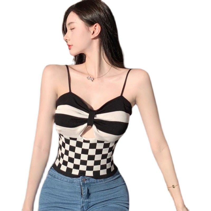 Áo Hai Dây Dệt Kim Họa Tiết Sọc Caro Phong Cách Hàn Quốc