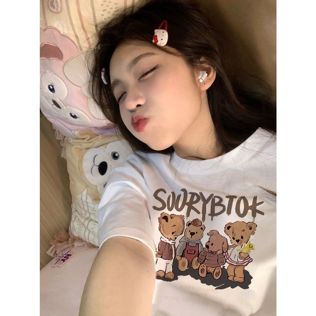 Áo Thun Cotton Cổ Tròn Ngắn Tay Dáng Rộng In Họa Tiết Đơn Giản Hợp Mùa Xuân Hè