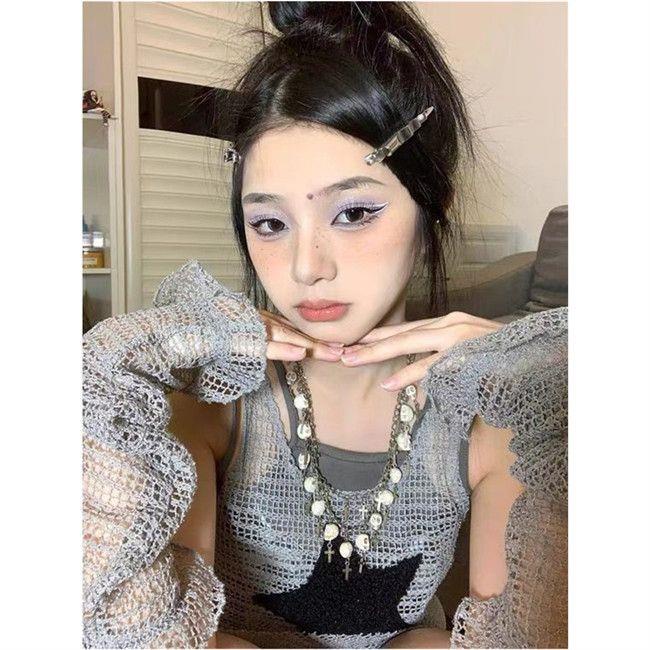 Set Đầm Lưới Không Tay Thêu Họa Tiết Ngôi Sao Millennium Đường Phố y2k Cho Nữ