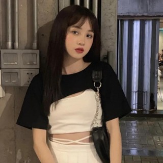 Áo Thun Lửng Ngắn Tay + Áo Hai Dây Cột Dây Màu Trắng Phong Cách Đường Phố Cho Nữ