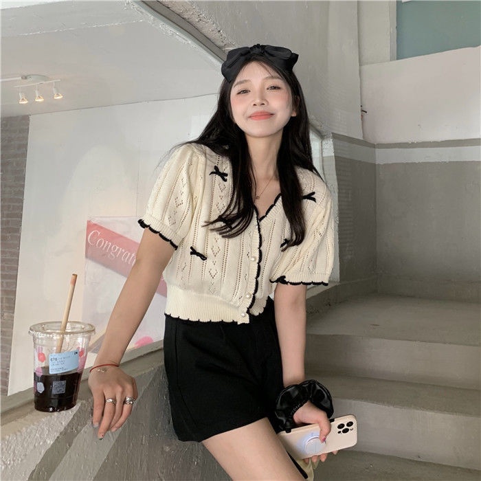 COZOK Áo Thun Dệt Kim Ngắn Tay Khoét Lỗ Đính Nơ Phong Cách retro Thời Trang