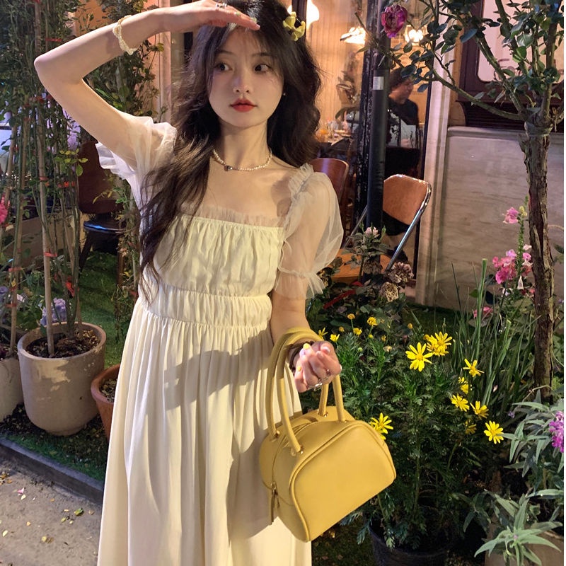 Đầm Tay Ngắn Phối Lưới Thời Trang Mùa Hè Xinh Xắn Cho Nữ