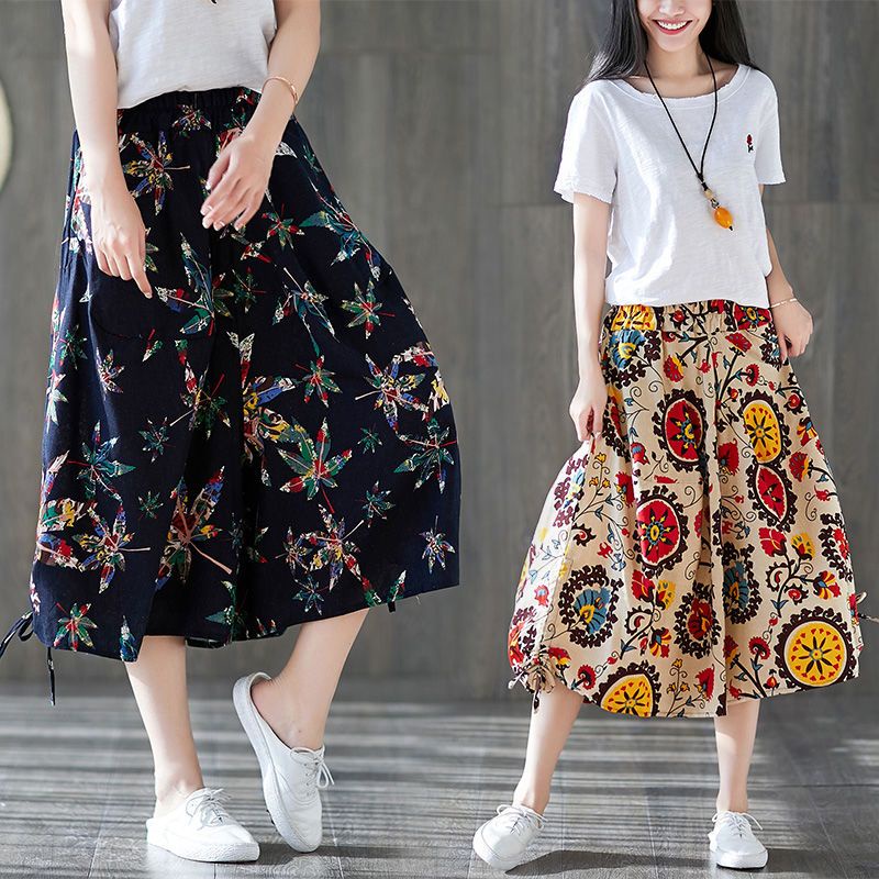 Quần Lửng Cotton Lanh Ống Rộng Lưng Thun Co Giãn Phong Cách Dân Tộc Kiểu Mới Mùa Hè