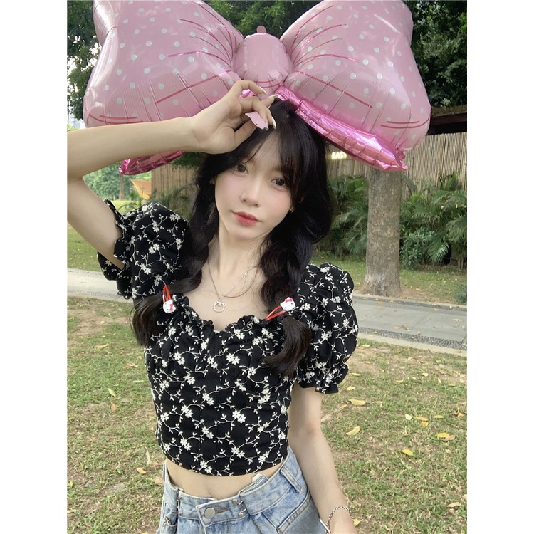 Cozok Áo Sơ Mi Tay Phồng Ngắn Cổ Bẻ In Hoa Dễ Phối Đồ Hợp Thời Trang