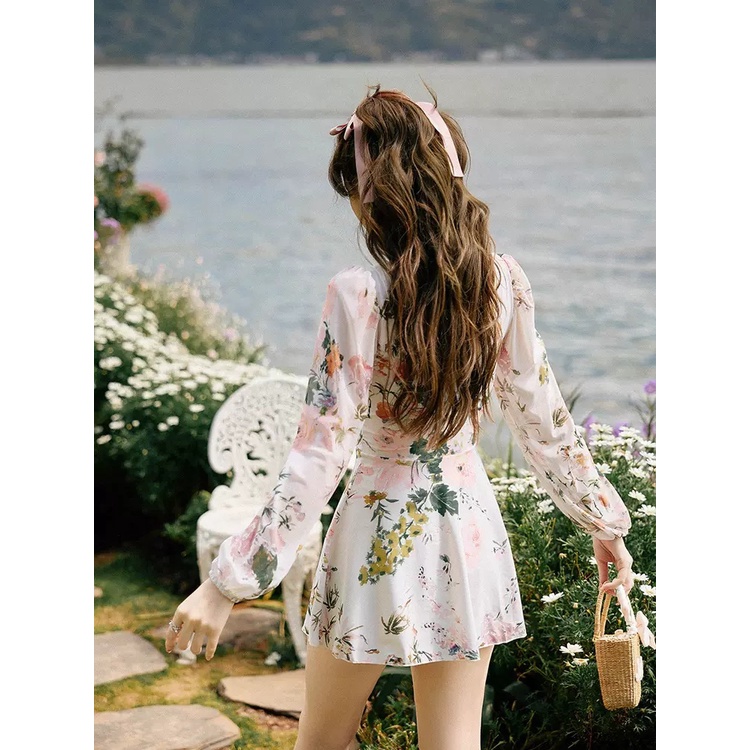 Bộ Đồ Bơi Một Mảnh Ôm Dáng Tay Dài In Họa Tiết Hoa Thời Trang Mới 2023 Cho Nữ