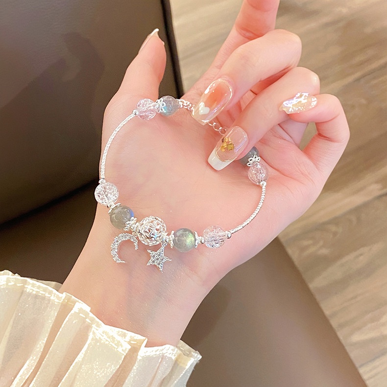 Vòng Tay Chuỗi Hạt Pha Lê Mặt Trăng Ngôi Sao Màu Xám Phong Cách Công Chúa Ngọt Ngào Hàng Mới Dành Cho Bạn Nữ