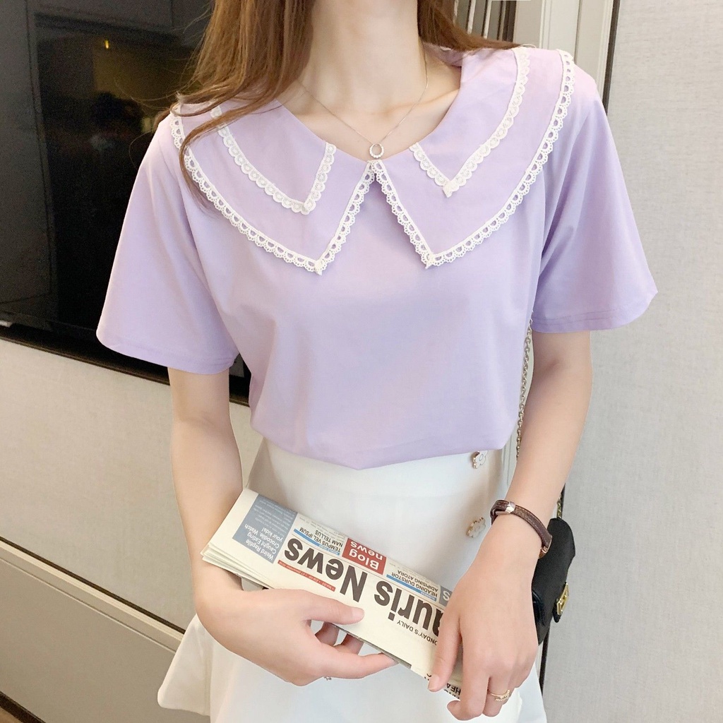 Áo Sơ Mi Ngắn Tay Dáng Rộng Phối Ren Phong Cách Hàn Quốc Dành Cho Nữ