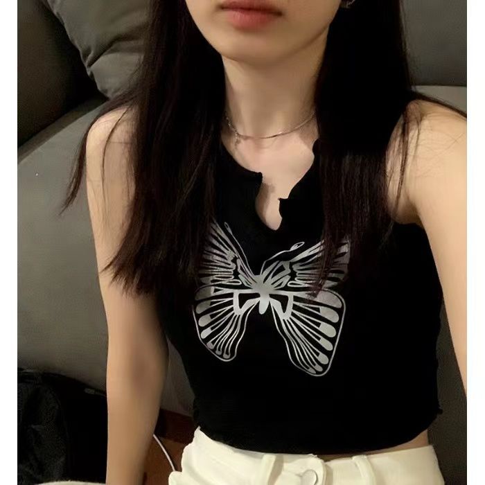 Áo Hai Dây Dáng Ngắn Họa Tiết Bướm Màu Đen Phong Cách Retro Mỹ Thời Trang Mùa Hè Xinh Xắn
