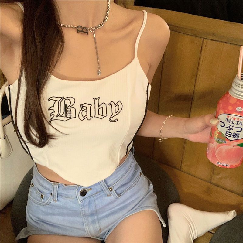 Áo Hai Dây Thêu Chữ Phong Cách Đường Phố Mỹ Cá Tính