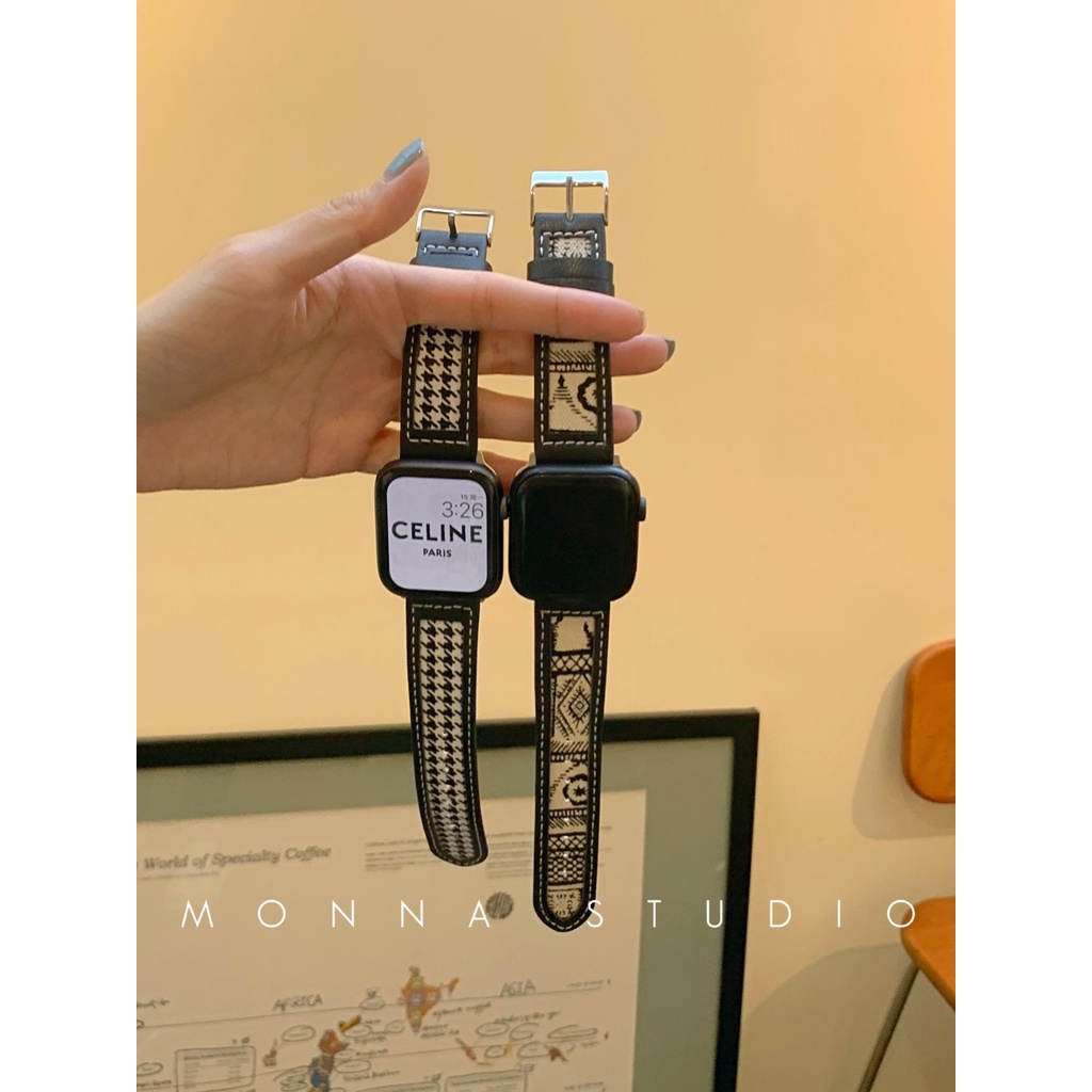 Monna Đồng Hồ iwatch Vải Canvas Kẻ Sọc Caro Trắng Đen Phong Cách Hàn Quốc876543Dây Đeo Bằng Da Cho Đồng Hồ Thông Minh Apple Watch Se