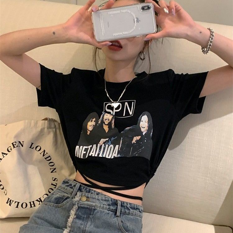 Áo Thun Ngắn Tay Thiết Kế Mỏng Phối Dây Rút Phong Cách Mỹ Hàng Mới Bán Chạy Dành Cho Bạn Nữ