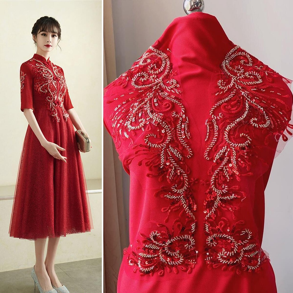 Phụ Kiện Đầm Dạ Hội Màu Đỏ Đính Hạt Kim Sa Màu Vàng / Bạc Thêu Hoa Phong Cách Hanfu