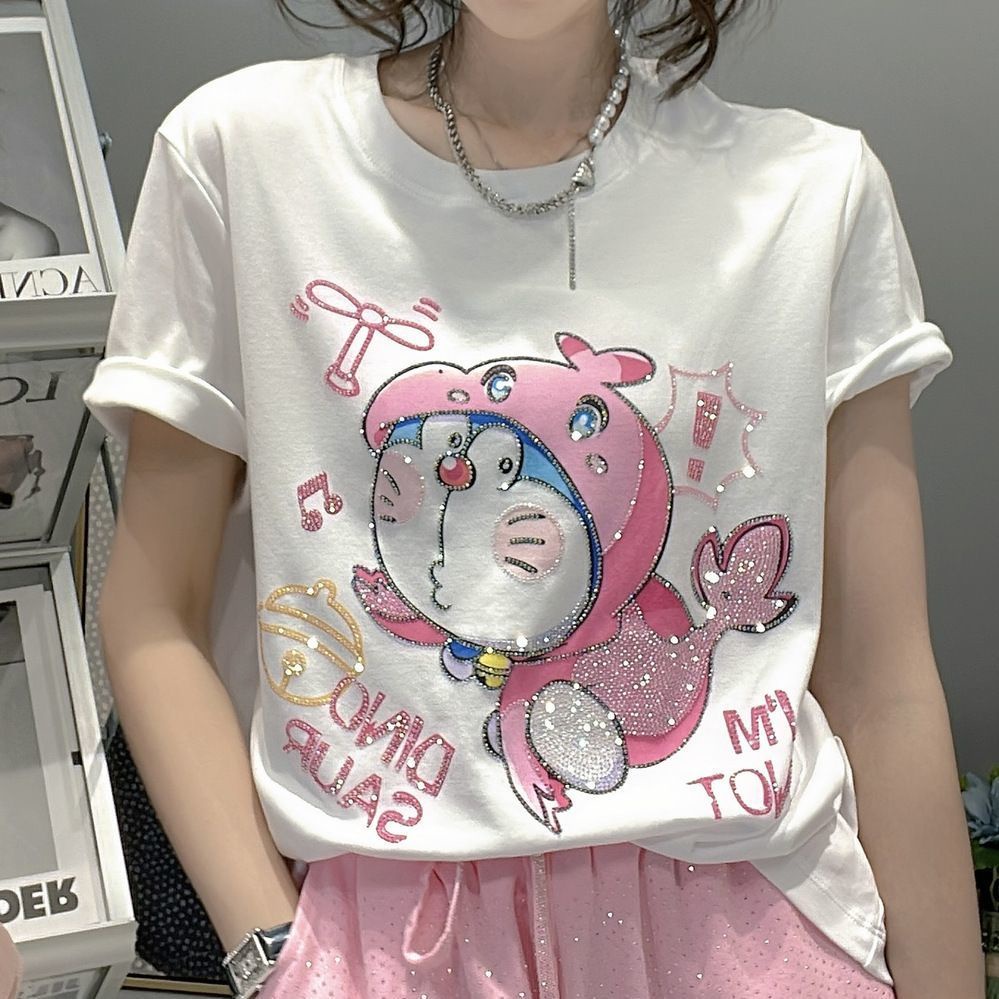 Áo Thun Đính Kim Cương Màu Hồng Dễ Thương Thời Trang Mùa Hè Cho Nữ
