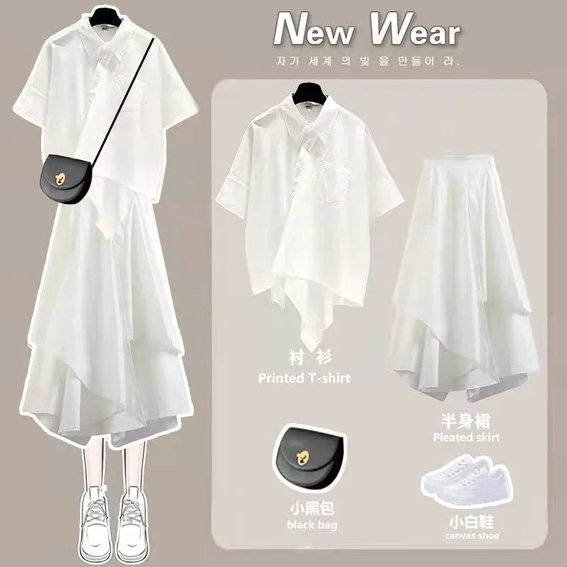 Set Áo Sơ Mi Tay Ngắn Dáng Rộng + Chân Váy Chữ A Lưng Cao Thời Trang Mùa Hè Phong Cách Hàn Quốc Cho Nữ