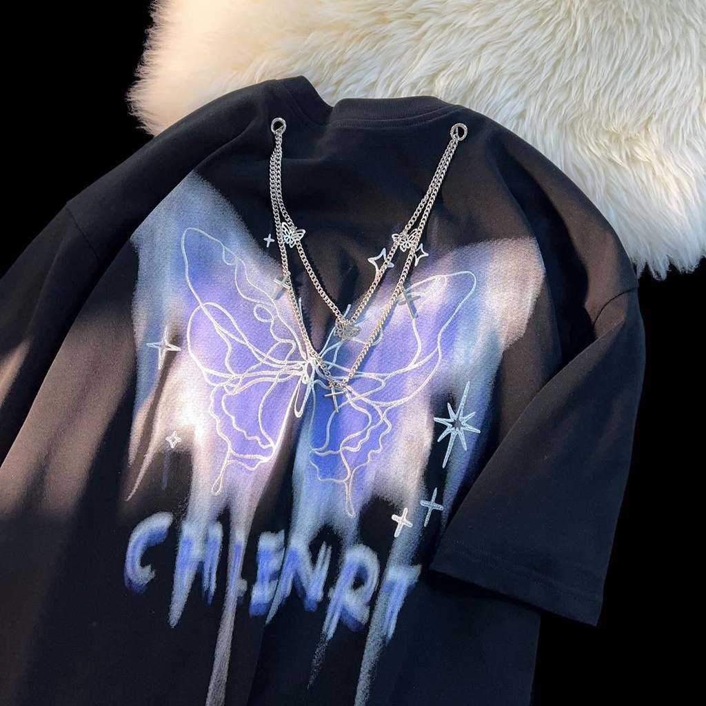 Áo Thun Tay Ngắn Cổ Tròn In Hình Bướm Phong Cách Mỹ Cổ Điển Thời Trang Mùa Hè Mới Cho Nữ