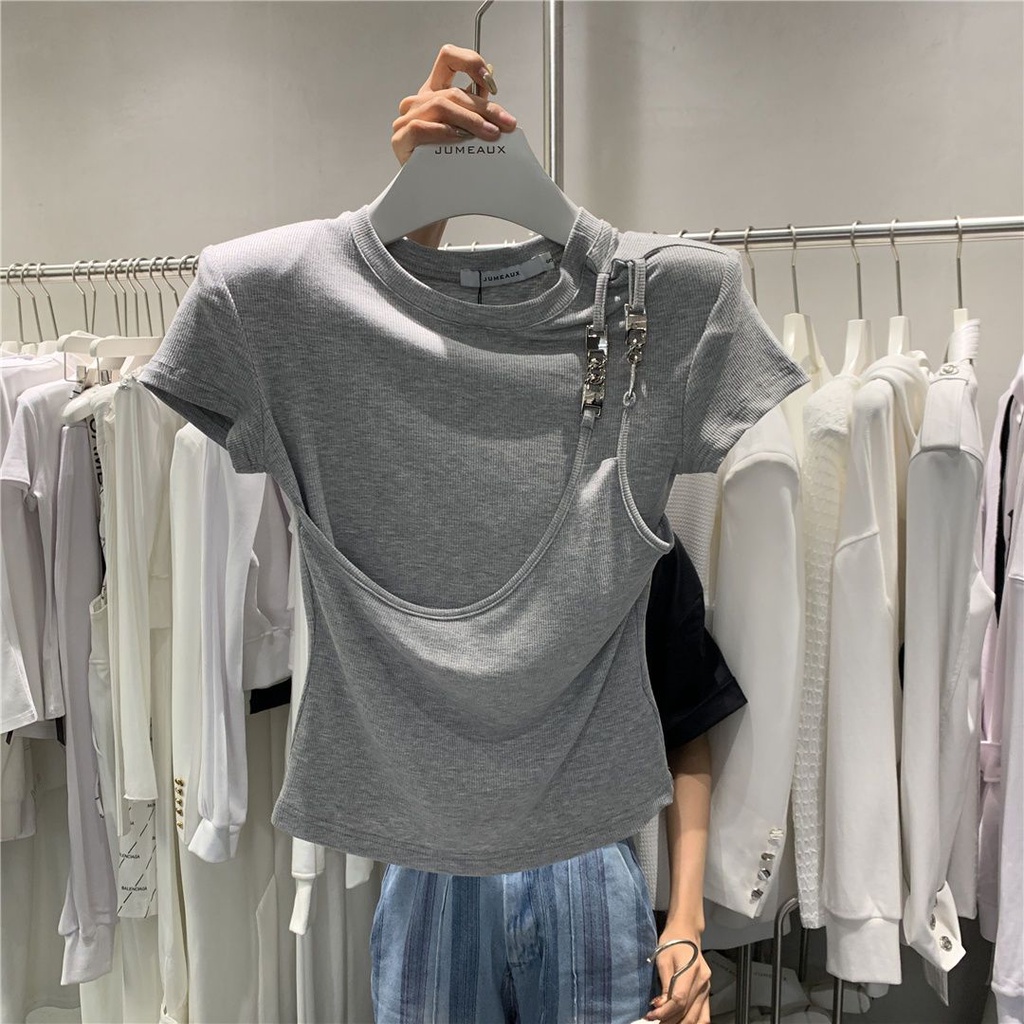Áo Thun Tay Ngắn Dáng Ôm Cài Khóa Kim Loại Thời Trang Mùa Hè Hàng Mới Phong Cách Châu Âu Dành Cho Bạn Nữ