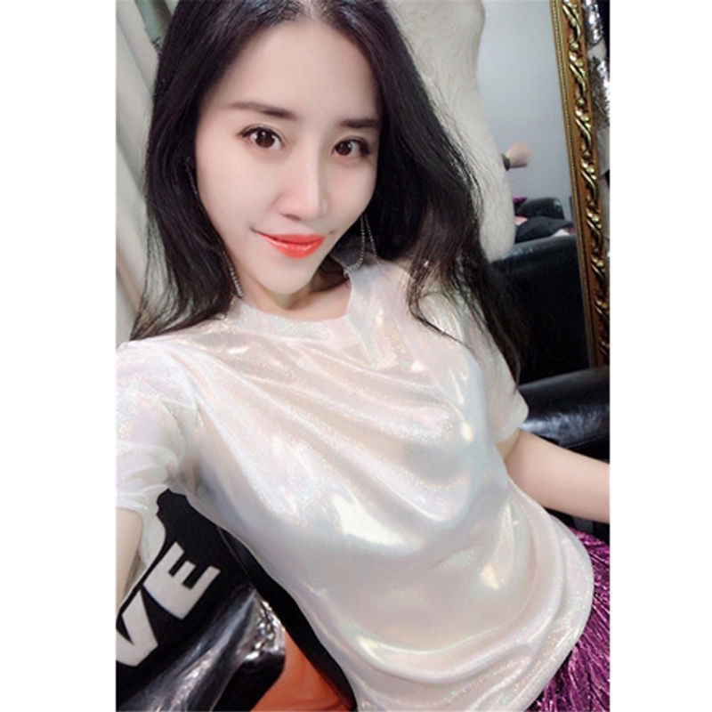 Áo Thun Tay Ngắn Đính Ngọc Trai Lấp Lánh Phong Cách Mới Mùa Hè Cho Nữ