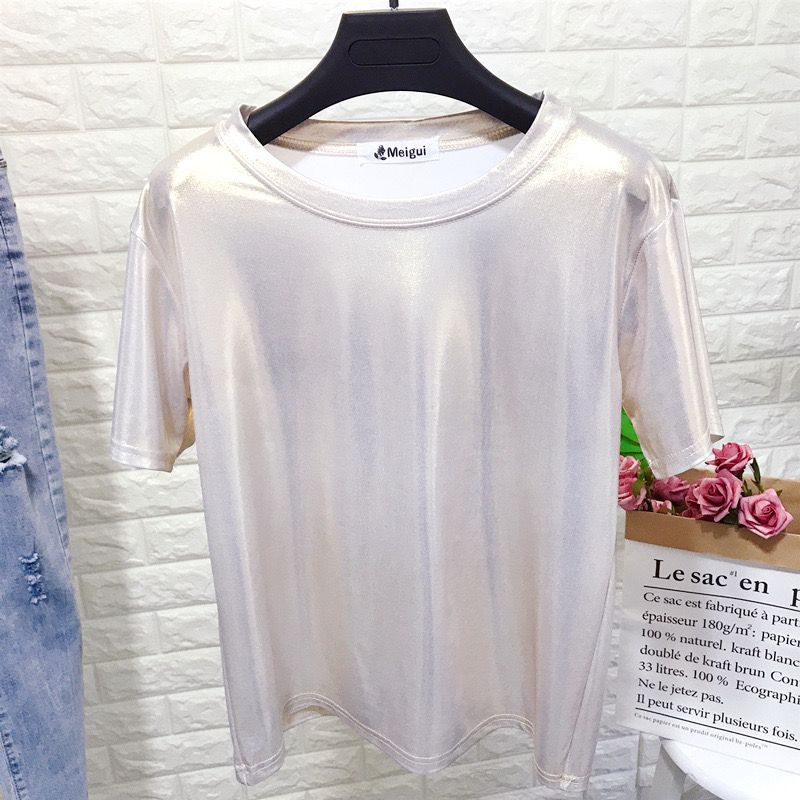 Áo Thun Tay Ngắn Cổ Tròn Dáng Rộng Màu Ánh Kim Lấp Lánh Phong Cách Mới Mùa Hè Cho Nữ