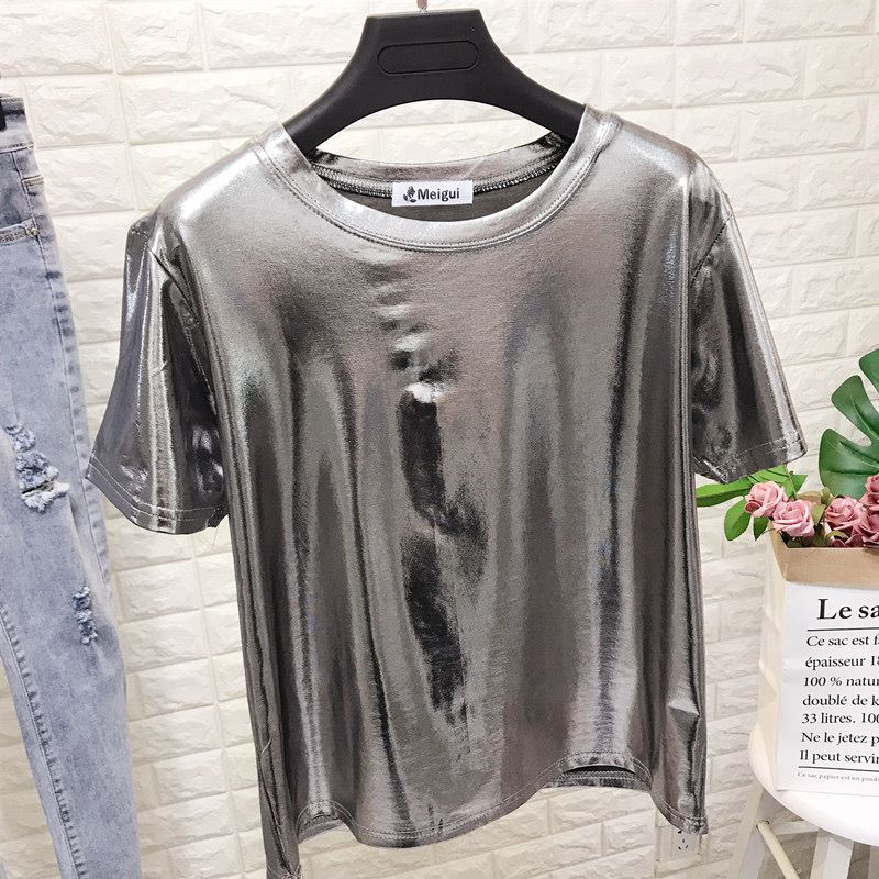 Áo Thun Tay Ngắn Cổ Tròn Dáng Rộng Màu Ánh Kim Lấp Lánh Phong Cách Mới Mùa Hè Cho Nữ